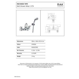 RAK Basic Polished Chrome Modern Bath Shower Mixer Tap Solid Brass