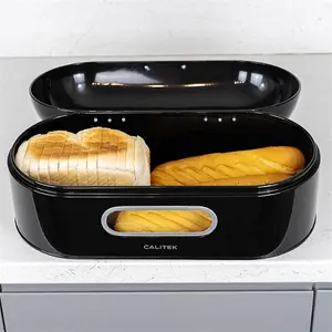 CALITEK Retro Bread Bin Round Top Kitchen Counter Coated Carbon Steel Black