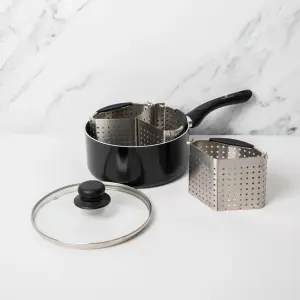 4pc Cooking Set Including Can-to-Pan Non-Stick Saucepan with Lid and 3x Stainless Steel Saucepan Divider Baskets