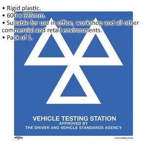 1x MOT TESTING STATION Safety Sign - Rigid Plastic 600 x 625mm Warning Plate