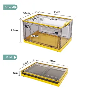 3pcs Yellow Plastic Folding Storage Box Wardrobe Organiser Storage Bin with Wheels,Middle