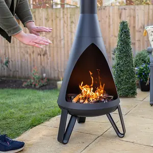 Black Rio Chimenea - Metal Outdoor Garden Patio Log Wood Burner Fire Pit Bowl with Stainless-Steel Flue Cap - Small, H125 x 50cm