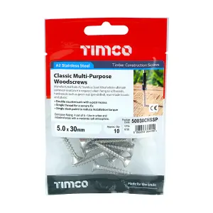 TIMCO Classic Multi-Purpose Countersunk A2 Stainless Steel Woodcrews - 5.0 x 30 (10pcs)