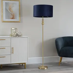 ValueLights Marissa Gold Stacked Ball Floor Lamp with Navy Blue Velvet Shade