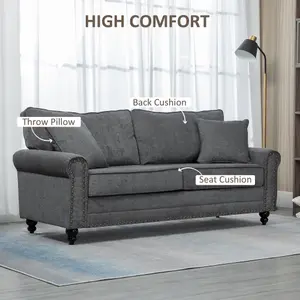 HOMCOM Fabric Sofa 3 Seater Sofa for Living Room w/ Throw Pillow Grey