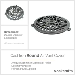 Oakcrafts - Antique Cast Iron Round Air Vent Extraction Cover in Satin Black Finish - 200mm