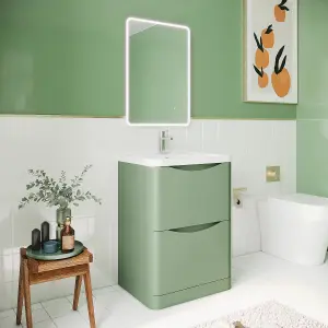 Floor Standing 2 Drawer Vanity Basin Unit with Polymarble Basin, 600mm - Satin Green