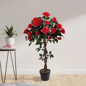 Red Artificial Rose Flower Tree Fake Plant House Plant in Black Pot H 90 cm