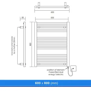 600x800mm Straight Chrome Heated Towel Warmer Ladder Rail Radiator