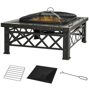 Outsunny 76cm Square Garden Fire Pit Square Table w/ Poker Mesh Cover Log Grate