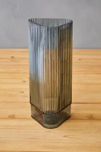 Interiors by Premier Small Ribbed Grey Glass Vase, Modern Decorative Vase, Triangular Shaped Vase with Angular edges, Flower Vase