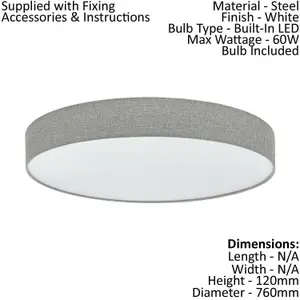 Flush Ceiling Light Colour White Shade Grey White Fabric Linen Plastic LED 60W