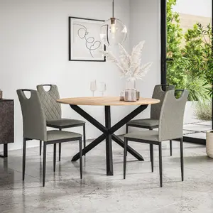 Malvern Round Dining Table And Chairs -  Oak Table Top w Solid Oak Black Legs + Monza Fabric Dining Chair Set Of 4 (Grey)