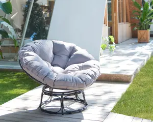 Monica Papasan Moon Chair - Outdoor Garden Rattan Padded Seat, Grey Cushion