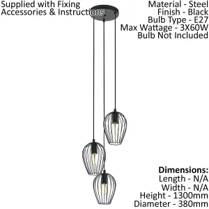 Hanging Ceiling Pendant Light Black Wire Cage 3x 60W E27 Hallway Feature Lamp