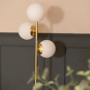 ValueLights Jas 3 Light Gold Metal Stem Floor Lamp with White Frosted Glass Shades - Bulbs Included