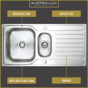 Austen & Co. Napoli Stainless Steel Inset Reversible 1.5 Bowl Kitchen Sink With Drainer. Lifetime Guarantee, Fast Delivery