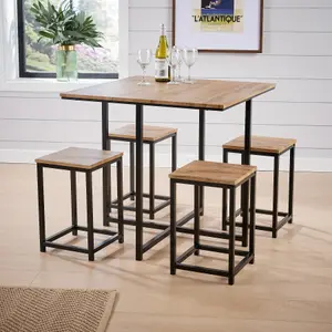 Home Source Paphos Table and 4 Bar Stool Set Oak Effect Black Metal Legs