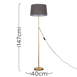 ValueLights Charles Gold Single Stem Floor Lamp with Grey Tapered Faux Linen Shade