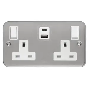 Click Scolmore Metal Clad Switched Socket Dual USB-A USB-C 2 Gang 13A - CL786