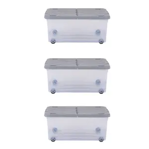 3 x Wham 30L Stackable Plastic Storage Box with Wheels & Folding Lid Clear/Cool Grey