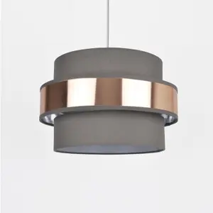 First Choice Lighting 2 Tier Grey Fabric & Brushed Copper Plated Banded Ceiling Adjustable Flush Shade