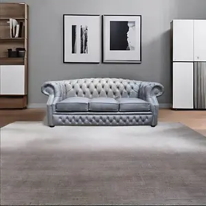 Chesterfield 3 Seater Sofa Cracked Wax Ash Grey Leather In Buckingham Style