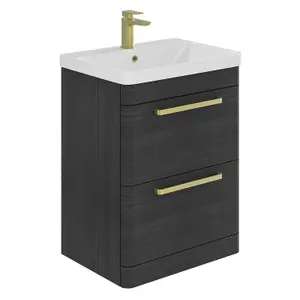 Emery Textured Black Floor Standing Bathroom Vanity Unit & Basin Set with Gold Handles (W)60cm (H)86cm