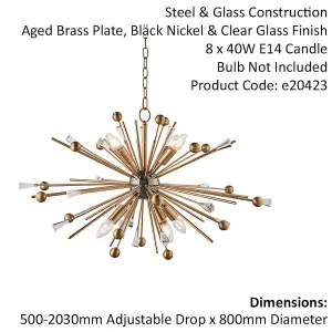 Large Multi Arm Ceiling Pendant Light - Antique Brass Rods - 8 Bulb Fitting