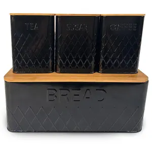 MantraRaj 4PCS Kitchen Bread Bin And Canister Set With Bamboo Lid Kitchen Storage Tea Coffee Sugar Container