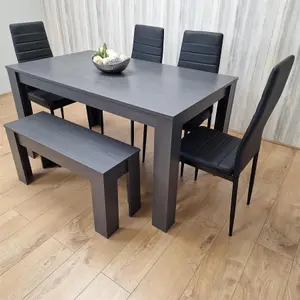 Dining Table and 4 Chairs With a Bench  Black Dark Grey 4 Black Leather Chairs 1 Grey Bench Wood Dining Set Furniture