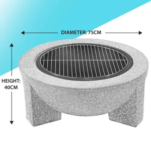 Round MgO Fire Pit with BBQ Grill, 75cm, Safety Mesh Screen - Light Grey - DG190