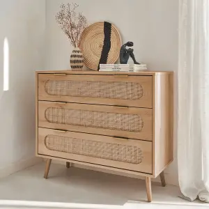 sweeek. 3-drawer chest with wood and rounded cane rattan Eva Natural 90x39x79 cm