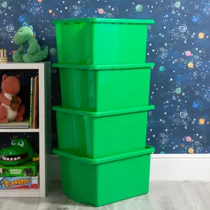 Wham 4x Stack & Store 35L Green Plastic Storage Boxes. Home, Office, Classroom, Playroom, Toys, Books. L48 x W38 x H26cm