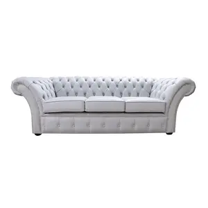 Chesterfield 3 Seater Sofa Settee Shelly Silver Grey Leather In Balmoral Style