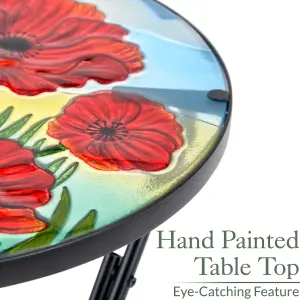 Folding Glass Table Garden Outdoor Patio Decoration Painted Round Top Christow Poppy