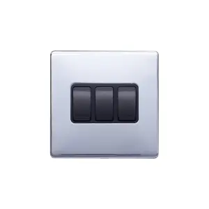 Lieber Polished Chrome 10A 3 Gang 2 Way Switch - Black Insert Screwless