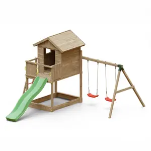 Galaxy play equipment with double swings, slide and raised playhouse