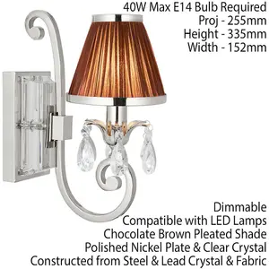 Esher Luxury Single Curved Arm Traditional Wall Light Nickel Crystal Brown Shade