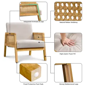 Yaheetech Beige Fabric Upholstered Accent Chair with Rattan Sides and Rubberwood Legs