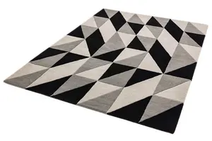 Grey Luxurious Modern Wool Chequered Geometric Handmade Rug For Living Room Bedroom & Dining Room-120cm X 170cm