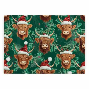 Christmas Highland Cows Rectangular Glass Worktop Protector - Festive Xmas Chopping Board