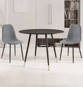 Hallowood Furniture Finley Small Round Dining Table in Black Finish with 2 Dark Grey Fabric Chairs