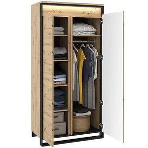 Modern Oak Artisan & Black Hinged Wardrobe (H)1950mm (W)950mm (D)500mm with LED Lighting - Spacious Clothes Storage