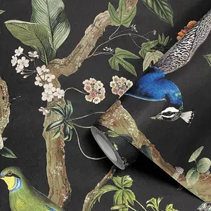 Holden Decor Peacock Woods Charcoal Wallpaper Floral Naturistic Feature Wall