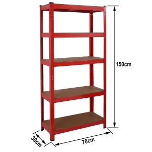 House of Home Heavy Duty Garage Shelving Unit - 5 MDF Shelves - 875 kg Max Load Units - Red - 30 x 70 x 150 (cm)