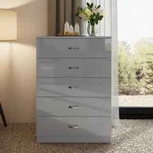 Grey Gloss 5 Drawer Chest Of Drawers Bedroom Furniture