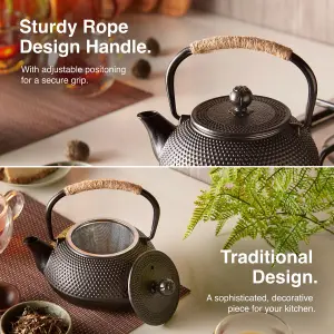 VonShef Cast Iron Teapot, Black Japanese Teapot with Infuser & Mesh Strainer, 800ml 4 Cup Tea Pot, Stovetop Tetsubin Tea Kettle