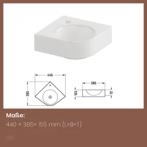 EMKE Ceramic Wash Basin for Small Cloakroom Bathroom, Corner Wash Basin Sink, Wall-Mounted Basin, 31.5x31.5x15.5cm