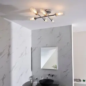 Luminosa Casoria Bathroom Multi Arm Glass Semi Flush Ceiling Lamp, Chrome Plate, Ribbed Glass, IP44